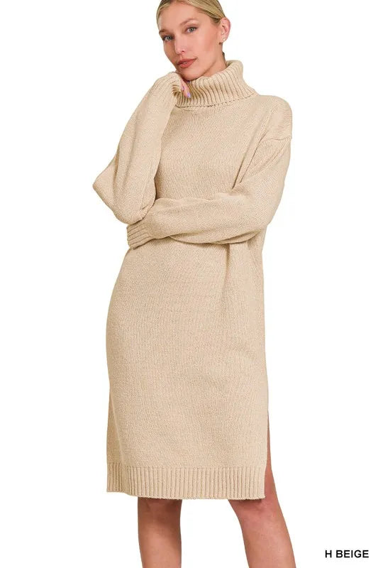 Zenana Turtle Neck Long Sleeve Midi Sweater Dress H BEIGE / M