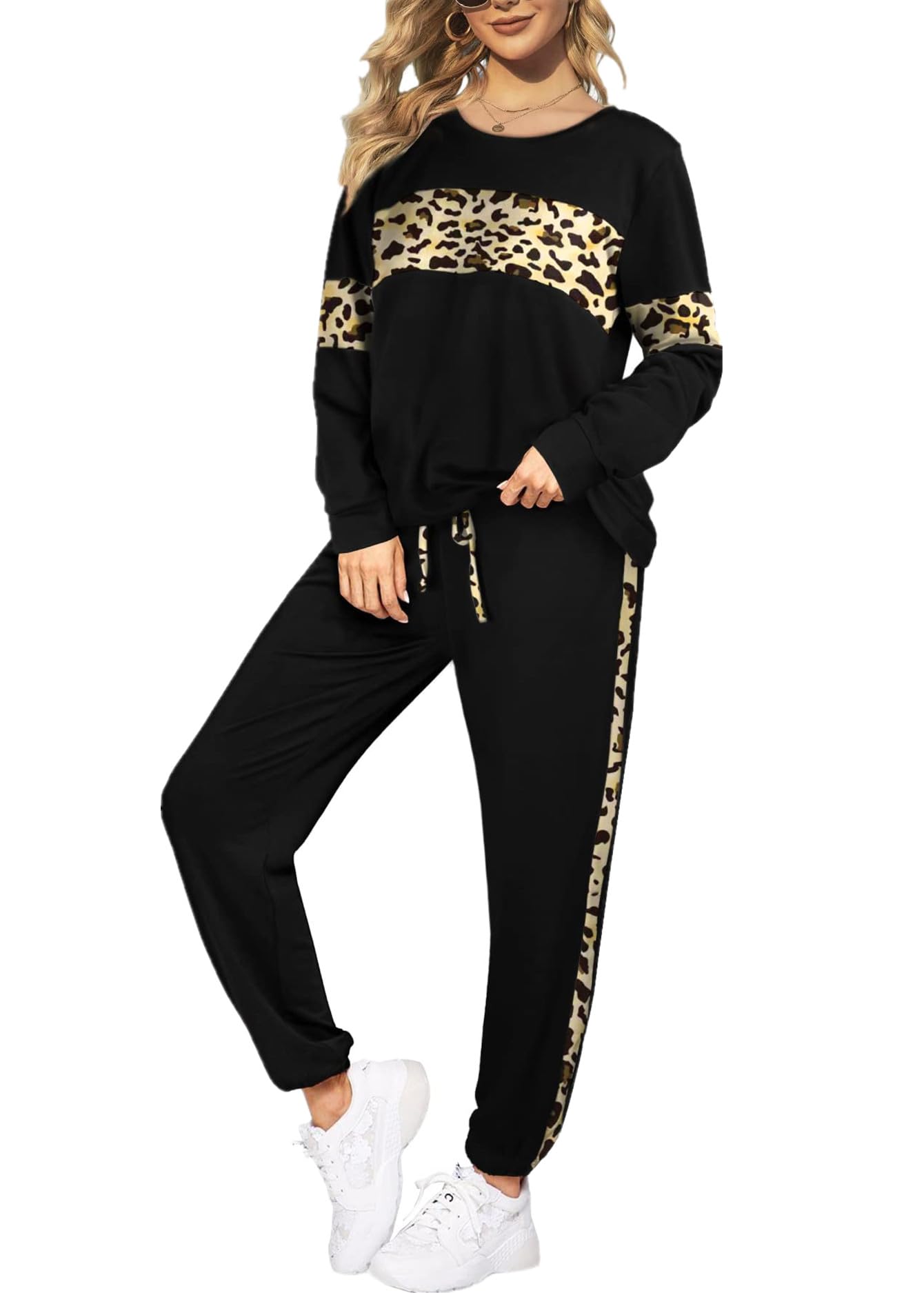 Leopard Sweatsuits Women 2 Piece Sets Crew neck Long Sleeve Tops