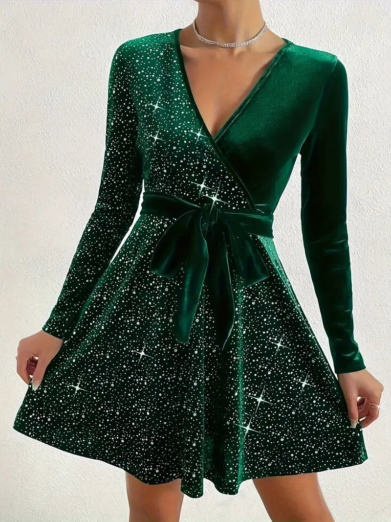Women's Black Dress Velvet Dress Sequin Dress Velvet Sequins Glitter V Neck Long Sleeve Mini Dress Winter Dress Black Red Fall Winter