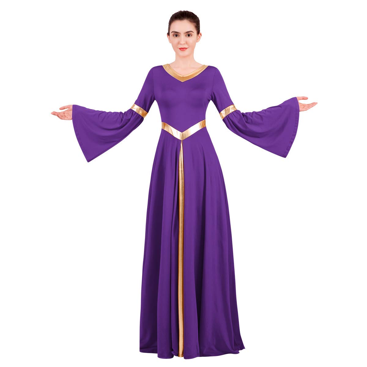 Women's Praise Dance Dresses Liturgical Worship Dancewear Golden Metallic Loose Fit Full Length Robe White / Small