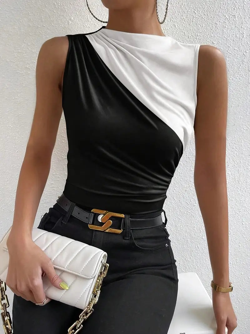 Crew Neck Ruched Sleeveless Top - Elastic Micro Stretch Polyester Fabric, Slim Fit, Elegant Design , Size: M