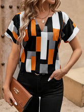 Load image into Gallery viewer, Geo Print Blouse - Chic Notched Neck, Comfortable Short Sleeves, Elegant Silhouette - M