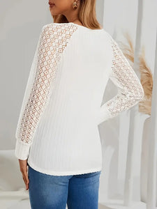 Contrast Lace V Neck Top, Elegant Long Sleeve Top For Spring & Fall, Women's Clothing- Size: M