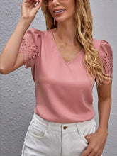 Load image into Gallery viewer, Scallop Trim Eyelet V Neck T-Shirt, Casual Short Sleeve T-Shirt For Women -Size: S