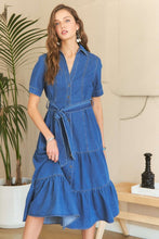 Load image into Gallery viewer, Tiered Button Down Tie Waist Short Sleeve Denim Dress