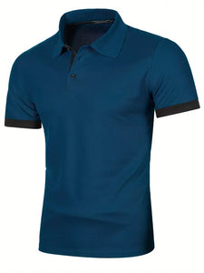 Mens Fashionable Lapel Short Sleeve Golf T-Shirt - Breathable Polyester Fabric, Button Detail, Regular Fit, XL