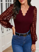 Load image into Gallery viewer, Scallop Trim V Neck Blouse, Casual Long Illusion Sleeve Blouse, Women&#39;s Clothing -Size: L