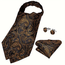 Load image into Gallery viewer, Set of Mens Silk Ascot Cravat with Paisley Floral Handkerchief and Cufflinks