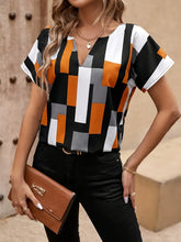 Load image into Gallery viewer, Geo Print Blouse - Chic Notched Neck, Comfortable Short Sleeves, Elegant Silhouette - M