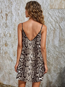 Snakeskin Print Lounge Dress - V Neck, Backless, Comfortable, Soft, Stretchy, Relaxed Fit Home Wear for Women, Size: S