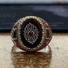 Load image into Gallery viewer, Vintage-Inspired Silvery Crown Men&#39;s Punk Ring - Engraved Eagle Print, Red Synthetic Gemstones