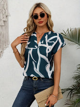 Load image into Gallery viewer, Graphic Print Notched Neck Blouse, Elegant Cap Sleeve Blouse For Women- Size: M