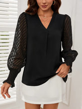 Load image into Gallery viewer, Solid V-neck Mesh Splicing Blouse, Elegant Lantern Sleeve Blouse For Women-Size: S