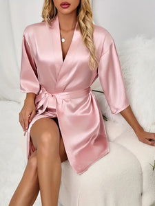 Luxurious Women's Satin Night Robe - V-Neck, Half Sleeve with Tie Belt - Elegant Sleepwear for Evening Comfort - L