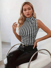 Load image into Gallery viewer, Elegant Houndstooth Sleeveless Top | High Mock Neck, Slight Stretch, Easy-Care, Perfect for Spring/Fall