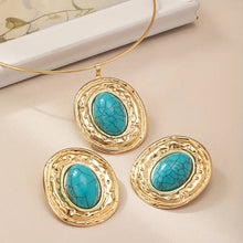 Load image into Gallery viewer, Fashion Vintage-Inspired Blue Turquoise Geometric Oval Pendant Necklace &amp; Earrings Set for Women, An Imitation from Persian Queens Jewelries.