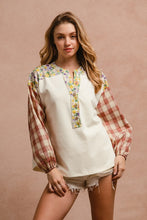 Load image into Gallery viewer, BiBi Floral Notched Plaid Balloon Sleeve Top for Girls and Women