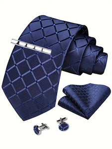 Men's Elegant 4pcs Tie Set With Plaid Design - Includes Classic Fashion Necktie, Pocket Square, Clip, and Cufflinks