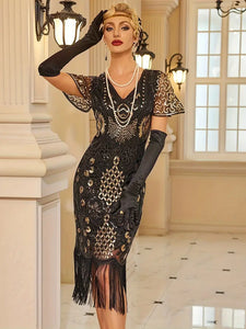 Dazzling Sequined Tassel Dress - Stunning V-Neckline, Chic Short Sleeves, Intricately Embroidered, Dazzling Sequins, Glamorous Tassel Details