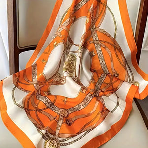 Vibrant Orange Floral Chain Print Silk Square Scarf - Soft, Breathable, Sunscreen, Versatile Accessory for Teens