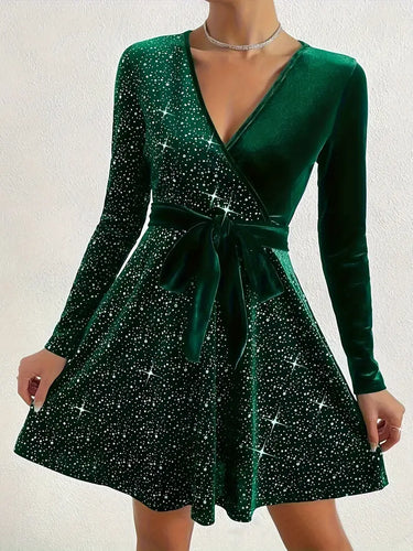 Stunning Sequin Mini Dress - Elegant V Neck, Long Sleeve, Solid Contrast, Body-con Fit, S