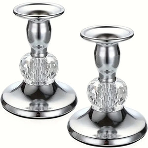 A Pair of Elegant Silvery Candlestick Holders with Crystal Beads, For Your Home Decor