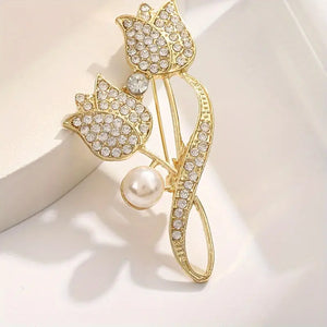 Elegant Tulip Pearl Brooch with Sparkling Diamond Simulants - White K Plated Alloy, Ideal Fashion Gift