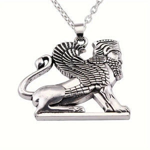 Vintage Persian Empire Zoroastrianism Winged Lion Pendant Necklace Fashion Antique Silver Plated Alloy Jewelry for Men and Women