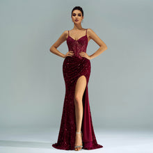 Load image into Gallery viewer, Spaghetti Straps Sleeveless Sequined High Slit Evening Dress