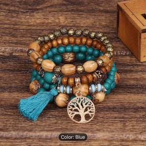 Bohemian Boho Tassel Multilayer Bracelet Hand Jewelry Handmade Turquoise Stone With Tree Of Life Pendant - 2 Colors