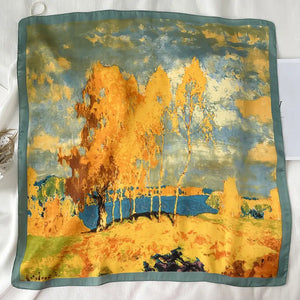 Artistic Tree Oil Painting Print Scarf - Luxurious Imitation Silk, Fashionable Square Design