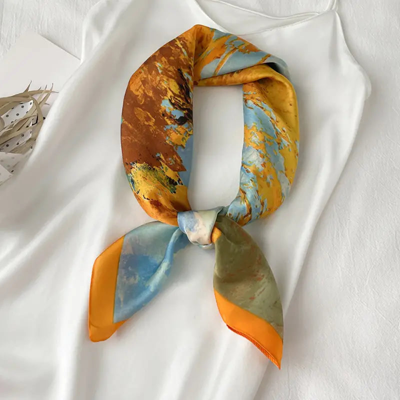 Artistic Tree Oil Painting Print Scarf - Luxurious Imitation Silk, Fashionable Square Design