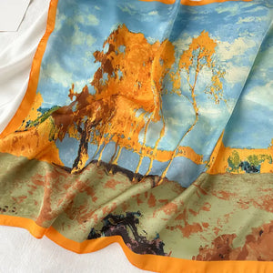 Artistic Tree Oil Painting Print Scarf - Luxurious Imitation Silk, Fashionable Square Design