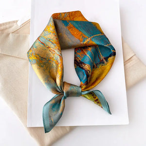 Artistic Tree Oil Painting Print Scarf - Luxurious Imitation Silk, Fashionable Square Design