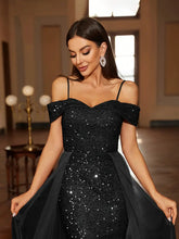 Load image into Gallery viewer, Long Off the Shoulder Sequined Body-con Dress - Elegant Contrast Mesh Asymmetrical Design for Women, M