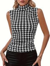 Load image into Gallery viewer, Elegant Houndstooth Sleeveless Top | High Mock Neck, Slight Stretch, Easy-Care, Perfect for Spring/Fall