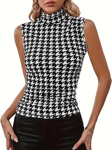 Elegant Houndstooth Sleeveless Top | High Mock Neck, Slight Stretch, Easy-Care, Perfect for Spring/Fall