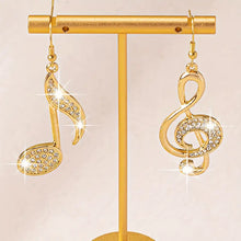 Load image into Gallery viewer, Gold Tone Music Note Dangle Earrings with Shiny Rhinestone Embellishments - Lightweight, Perfect Gift for Music Enthusiasts