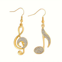 Load image into Gallery viewer, Gold Tone Music Note Dangle Earrings with Shiny Rhinestone Embellishments - Lightweight, Perfect Gift for Music Enthusiasts