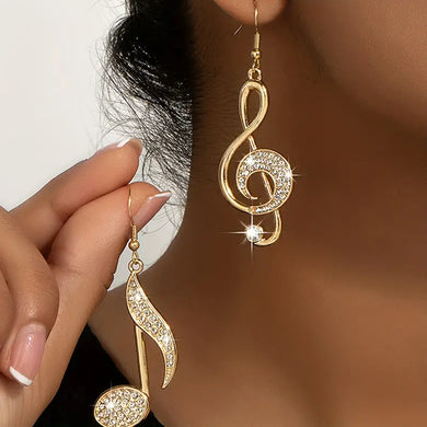 Gold Tone Music Note Dangle Earrings with Shiny Rhinestone Embellishments - Lightweight, Perfect Gift for Music Enthusiasts