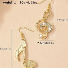 Load image into Gallery viewer, Gold Tone Music Note Dangle Earrings with Shiny Rhinestone Embellishments - Lightweight, Perfect Gift for Music Enthusiasts