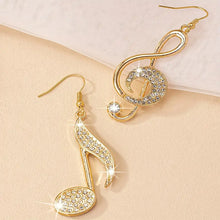 Load image into Gallery viewer, Gold Tone Music Note Dangle Earrings with Shiny Rhinestone Embellishments - Lightweight, Perfect Gift for Music Enthusiasts