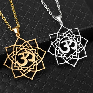 1pc Exquisite Stainless Steel Om Yoga Symbol Lotus Shape Pendant Necklace - Fashionable Jewelry Gift for Men and Women