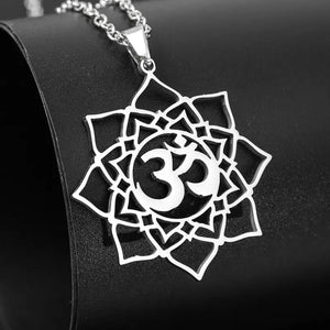 1pc Exquisite Stainless Steel Om Yoga Symbol Lotus Shape Pendant Necklace - Fashionable Jewelry Gift for Men and Women