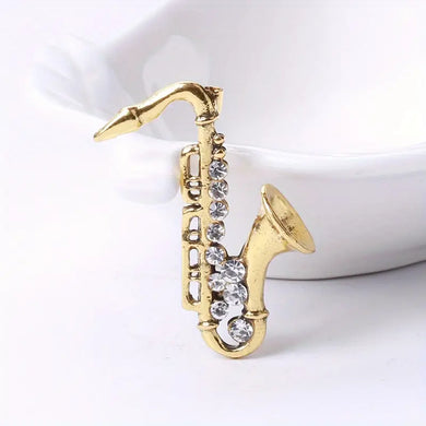 Vintage Saxophone Brooch Pin - Zinc Alloy with Sparkling Rhinestone Decor, Elegant Music-Themed Jewelry for Men and Women