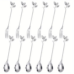 Stainless Steel Leaf-Shaped Cutlery Set - Includes 6 Forks and 6 Spoons, Silver