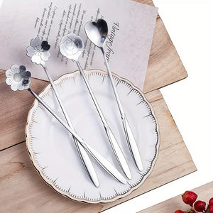 4-Piece Flower Tea Spoon Set, Stainless Steel Coffee Spoon, Long Handle Spoons