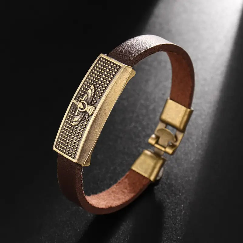 Men's Vintage Zoroastrian Farvahar Leather Bracelet, High-Quality Genuine Leather, Bold Buckle Design