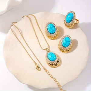 Vintage Bohemian 3-Piece Jewelry Set - Gold-Tone Alloy with Elliptical Turquoise & Rhinestone Heart Pendant Necklace, Earrings, and Ring for Women