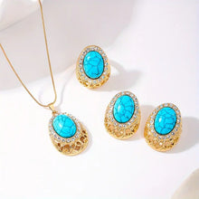 Load image into Gallery viewer, Vintage Bohemian 3-Piece Jewelry Set - Gold-Tone Alloy with Elliptical Turquoise &amp; Rhinestone Heart Pendant Necklace, Earrings, and Ring for Women